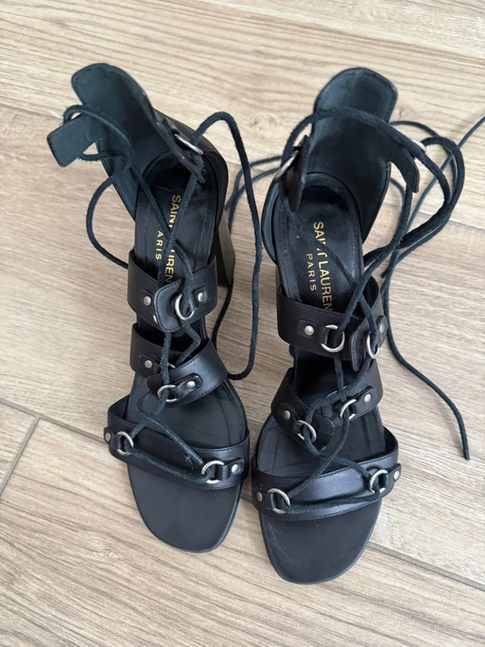Saint Laurent Babies Black Lace-Up Block Heel Sandal 37.5 - Picture 8 of 9